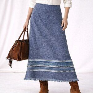 Coastal Cowgirl Long Fringe Wool Blend Western Boho Earthy Blue Skirt [size 16W]